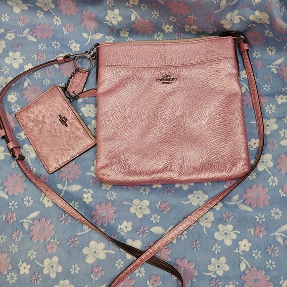 Coach Handbags - 3259 Small Pink Shimmer Coach Crossbody Bag / Matching Card Carrier.